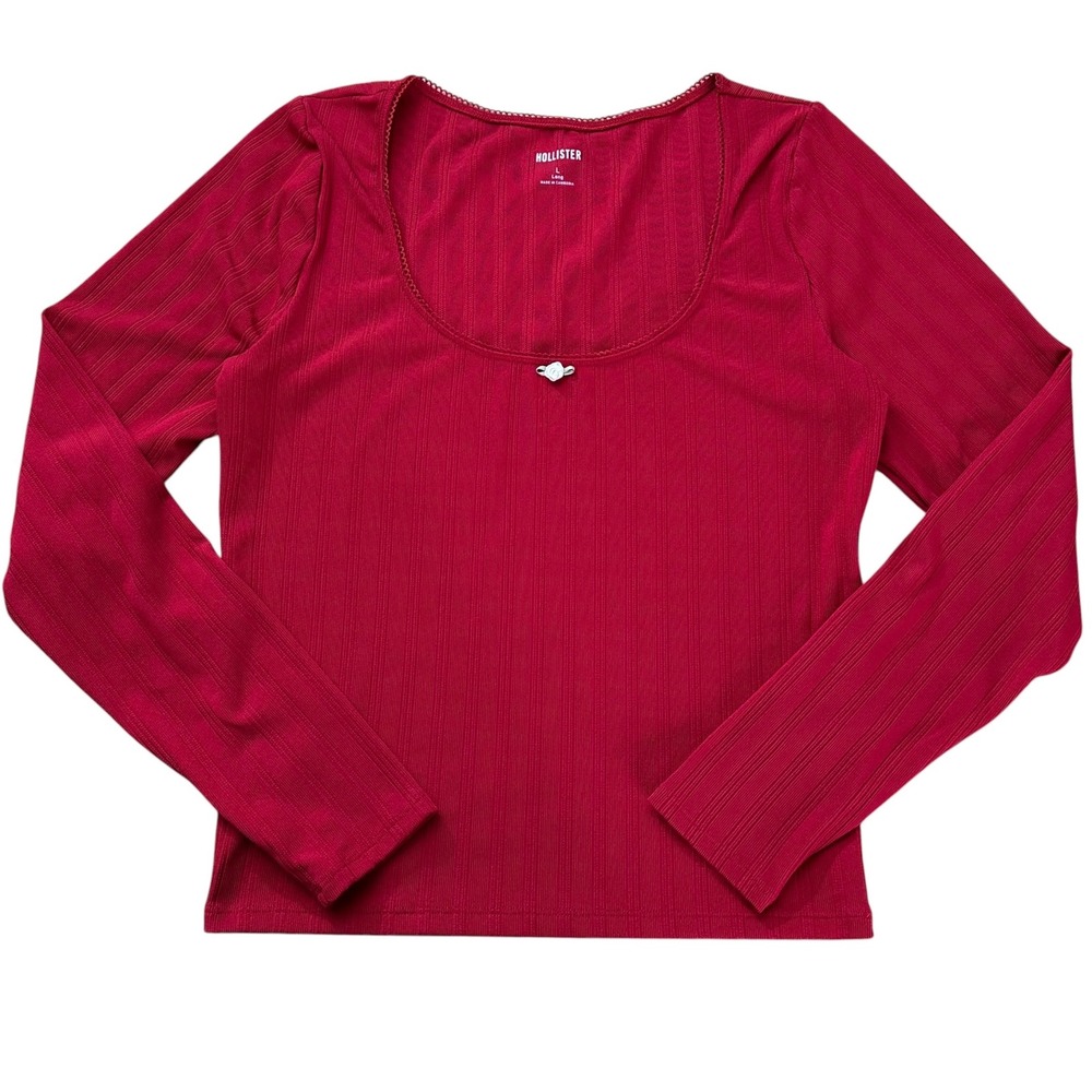 Hollister Red Ribbed Scoop Neck Long Sleeve Top Rosette Detail Size Large